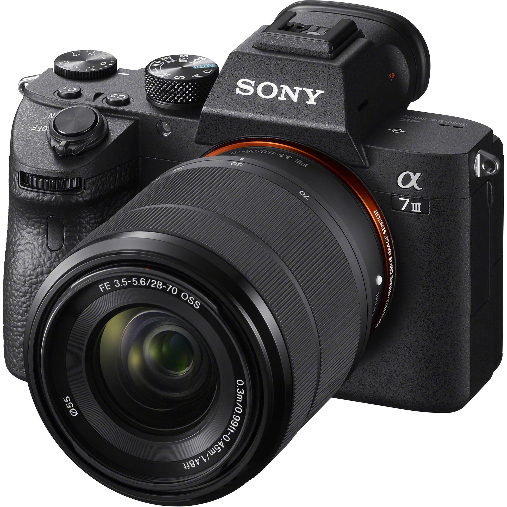 Sony Alpha a7 III full-frame mirrorless camera with 28-70mm kit lens, 24.2MP sensor, 5-axis stabilisation, hybrid autofocus, and 4K video.