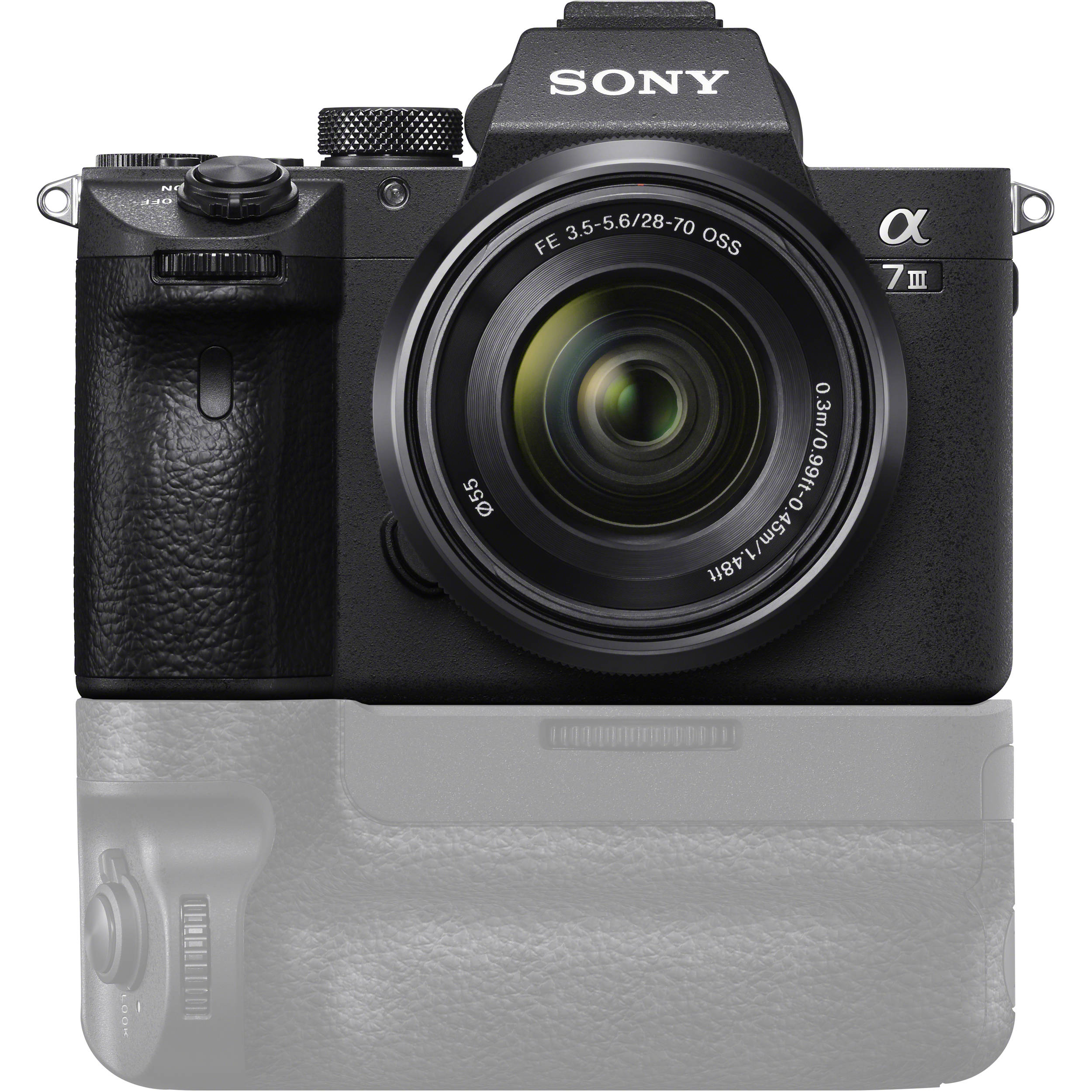 Sony Alpha a7 III full-frame mirrorless camera with 28-70mm kit lens, 24.2MP sensor, 5-axis stabilisation, hybrid autofocus, and 4K video.