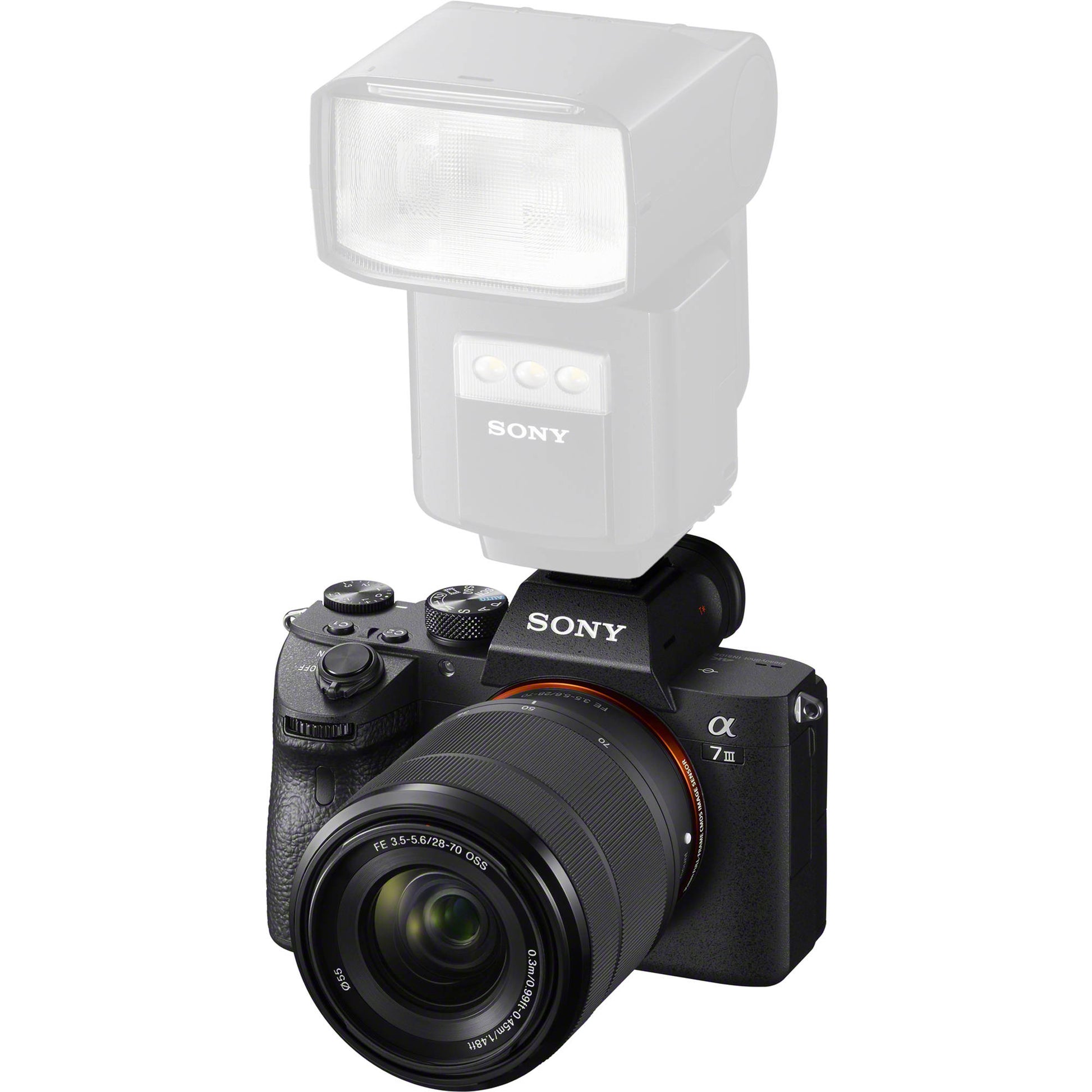 Sony Alpha a7 III full-frame mirrorless camera with 28-70mm kit lens, 24.2MP sensor, 5-axis stabilisation, hybrid autofocus, and 4K video.