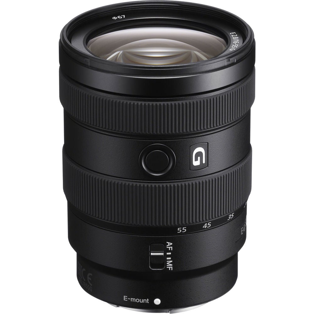 Sony E 16-55mm f/2.8 G lens. APS-C standard zoom with constant f/2.8, sharp optics, natural colours, and smooth bokeh.