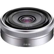 Sony E 16mm f/2.8 Lens (Silver) – compact wide-angle prime with bright f/2.8 aperture, sharp optics, and lightweight design, ideal for travel, street, and everyday photography.