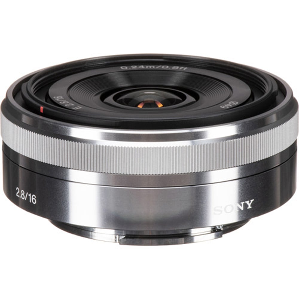 Sony E 16mm f/2.8 Lens (Silver) – compact wide-angle prime with bright f/2.8 aperture, sharp optics, and lightweight design, ideal for travel, street, and everyday photography.