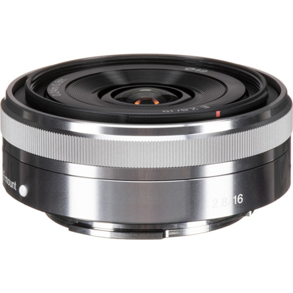 Sony E 16mm f/2.8 Lens (Silver) – compact wide-angle prime with bright f/2.8 aperture, sharp optics, and lightweight design, ideal for travel, street, and everyday photography.