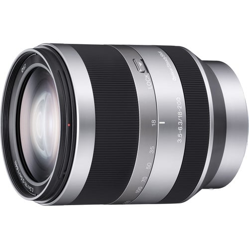 Sony E 18-200mm f/3.5-6.3 OSS Lens (Silver) – versatile superzoom with Optical SteadyShot, perfect for travel, portraits, landscapes, and steady video capture.