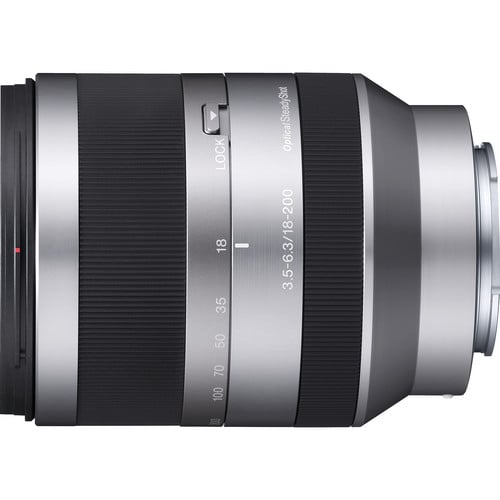Sony E 18-200mm f/3.5-6.3 OSS Lens (Silver) – versatile superzoom with Optical SteadyShot, perfect for travel, portraits, landscapes, and steady video capture.