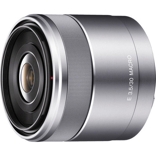 Sony E 30mm f/3.5 Macro prime lens for APS-C mirrorless cameras, ideal for close-up photography.