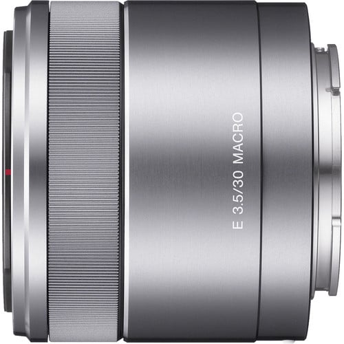 Sony E 30mm f/3.5 Macro prime lens for APS-C mirrorless cameras, ideal for close-up photography.