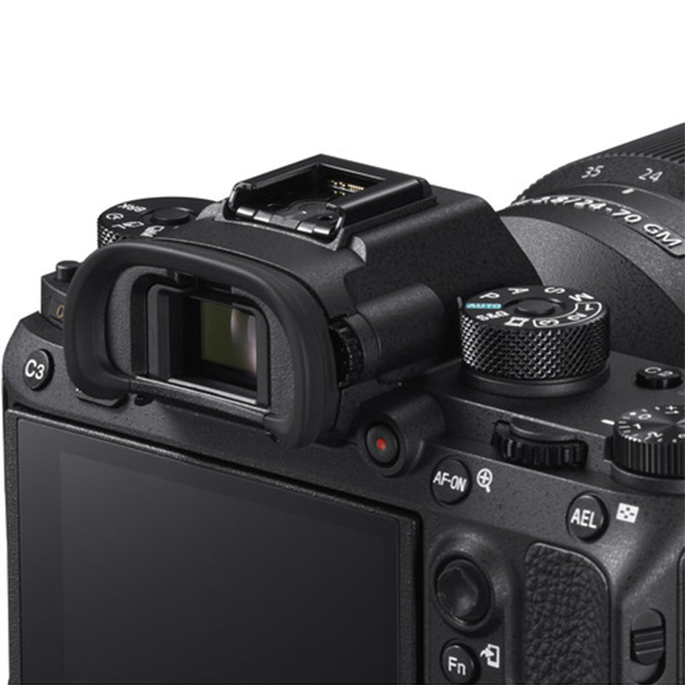Sony FDA-EP18 eyepiece cup in black rubber with contoured design for improved eye comfort, compatible with Sony mirrorless camera viewfinders.