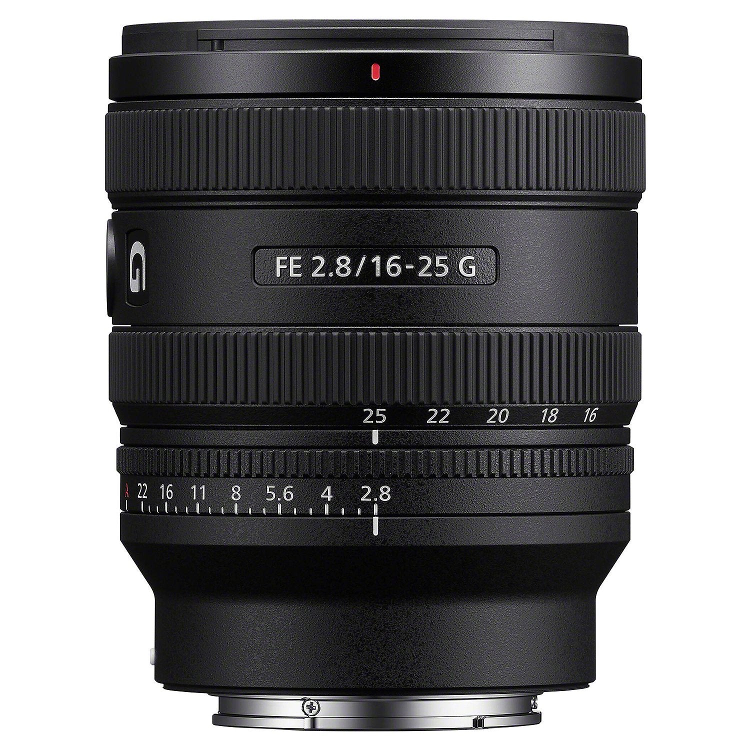 Camera lens with focus scale and specifications on a white background