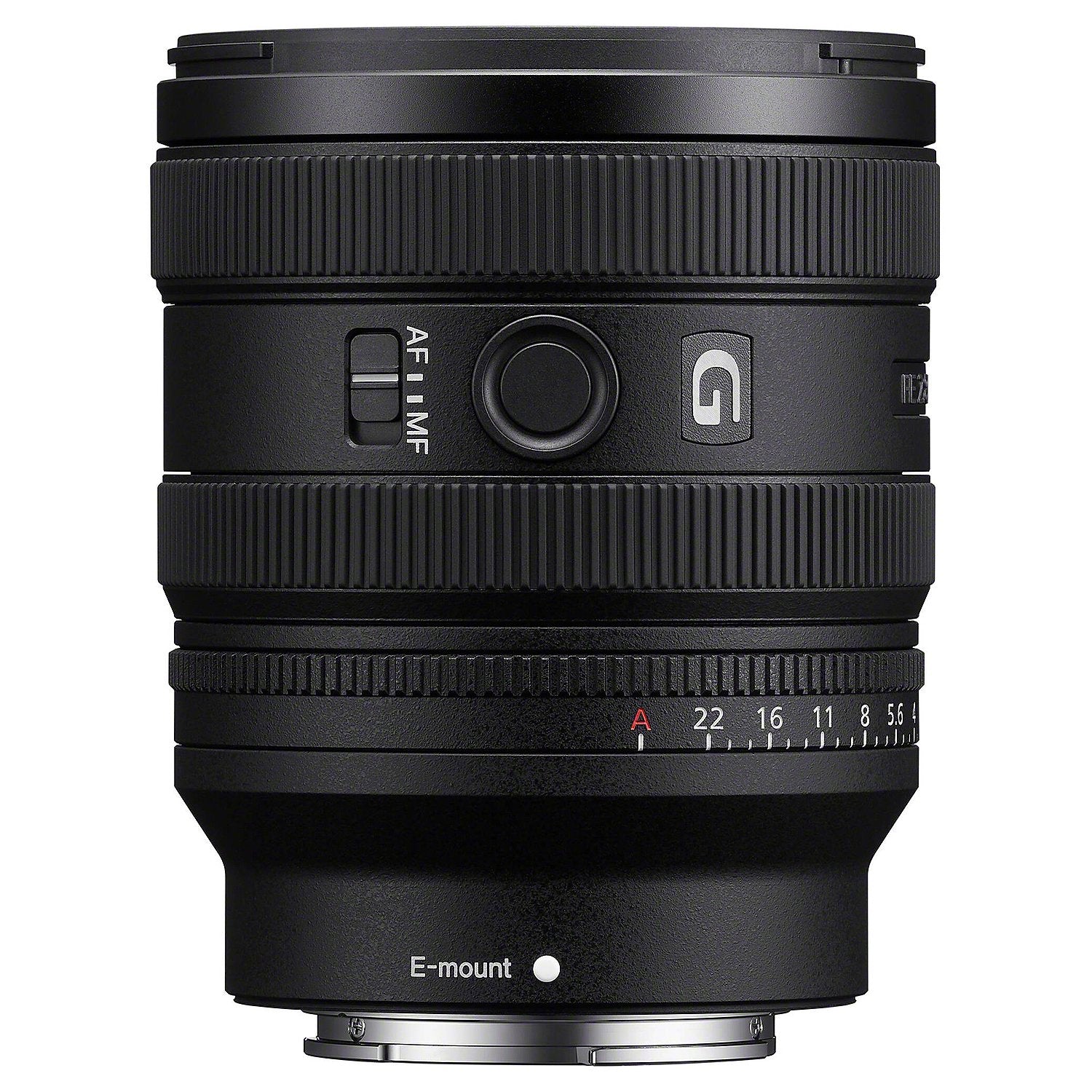 Camera lens with brand logo on a white background