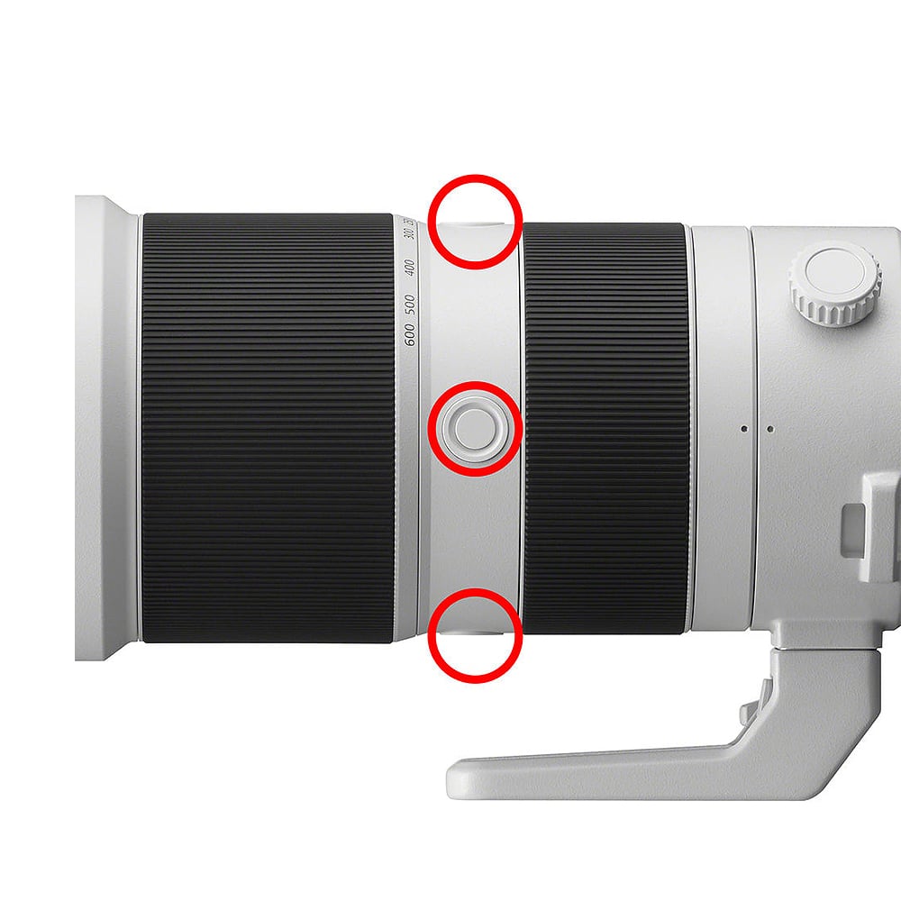 Camera lens with customisable buttons highlighted on a white background