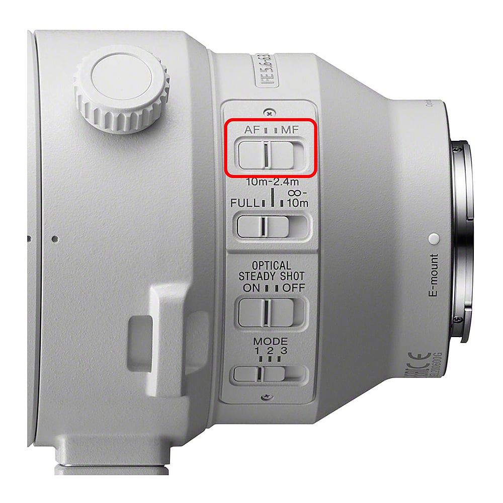 Camera control panel with focus mode switch highlighted on a white background