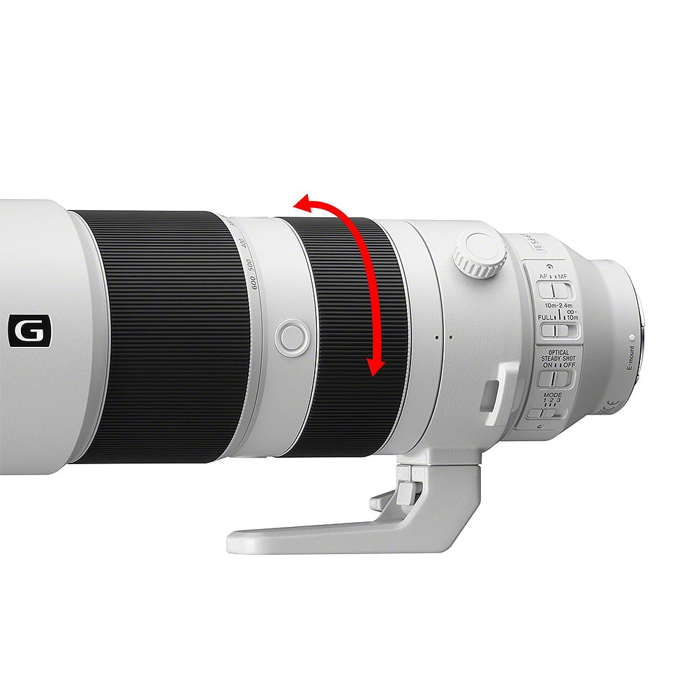 Camera lens with a red arrow indicating rotation direction on a white background