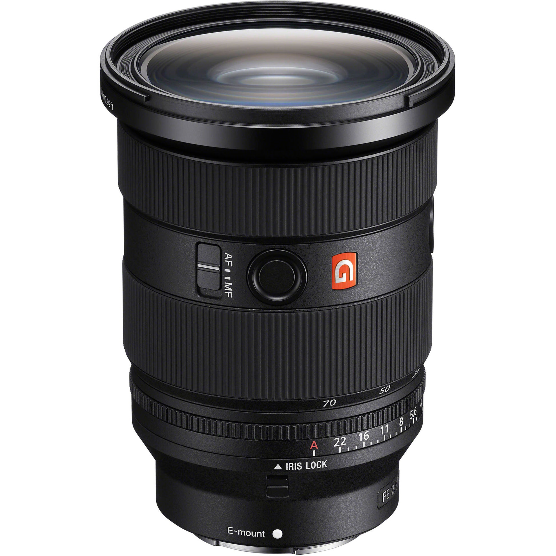Camera lens with brand logo on a white background