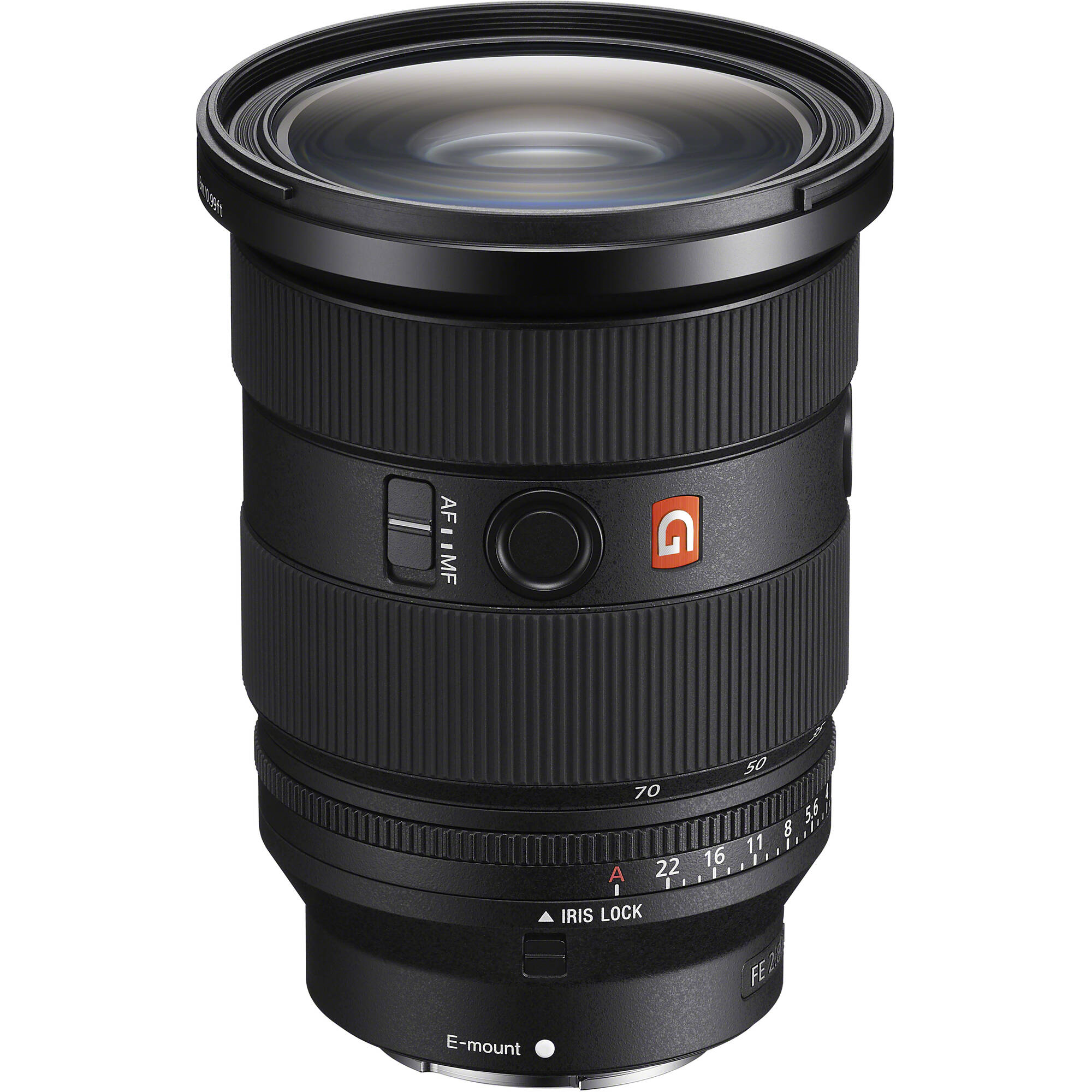 Camera lens with brand logo on a white background