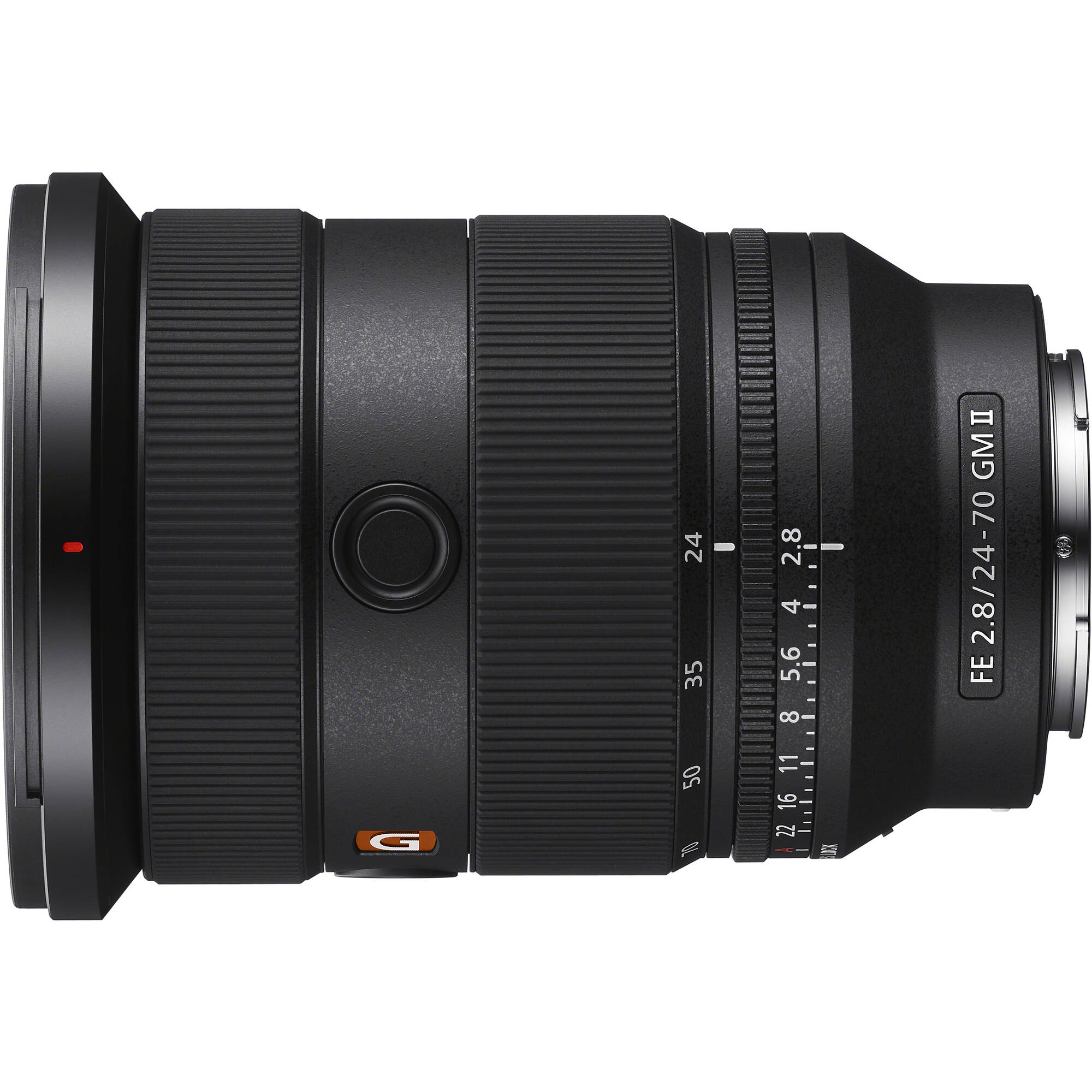 Camera lens with brand logo on a white background