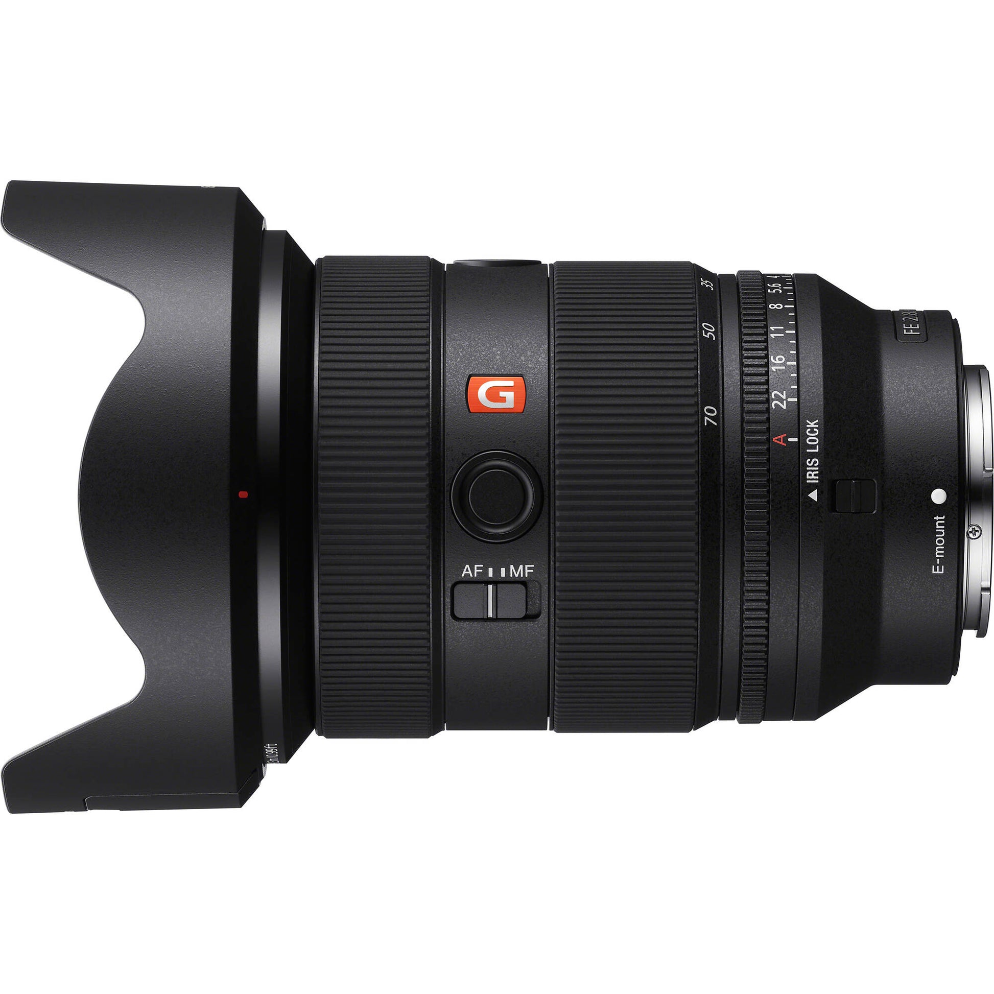 Camera lens with 'G' logo on a white background
