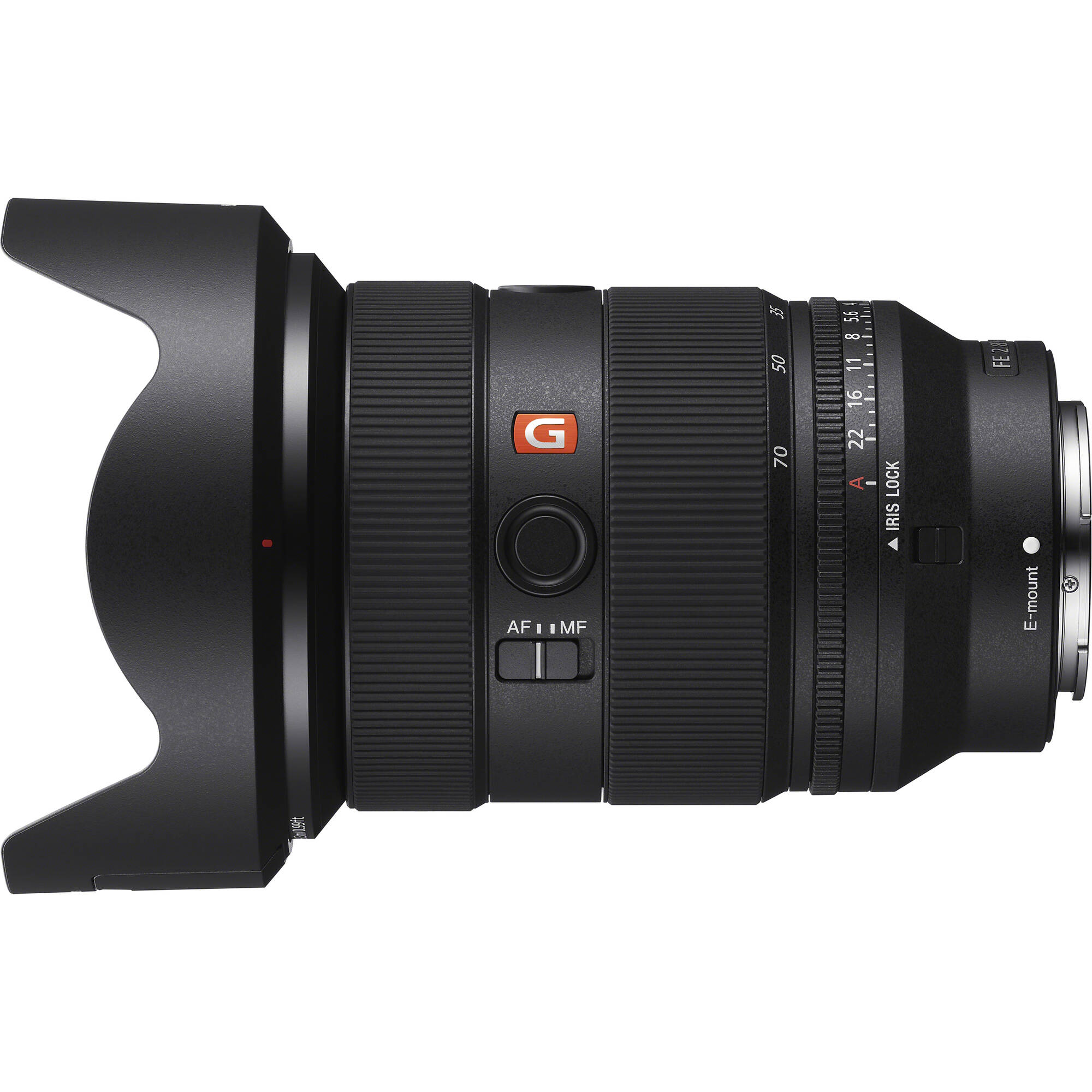 Camera lens with 'G' logo on a white background