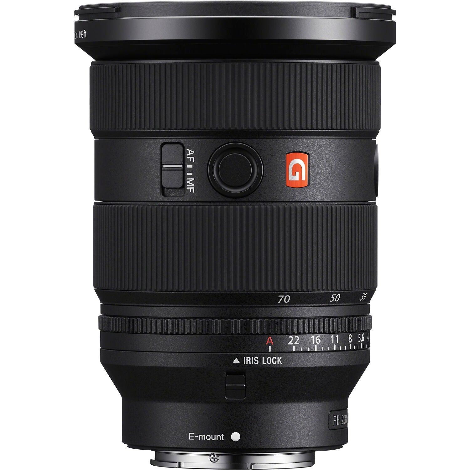 Camera lens with brand logo on a white background