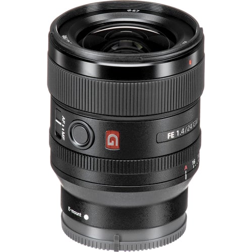 Sony FE 24mm f/1.4 GM lens. Wide-angle prime with f/1.4, G Master optics, sharp image quality, and lightweight design for full-frame cameras.