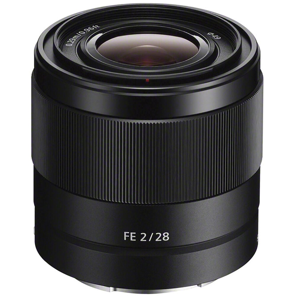 Sony FE 28mm f/2 Prime Lens – compact wide-angle prime with bright f/2 aperture, ideal for landscapes, street photography, and low-light shooting.