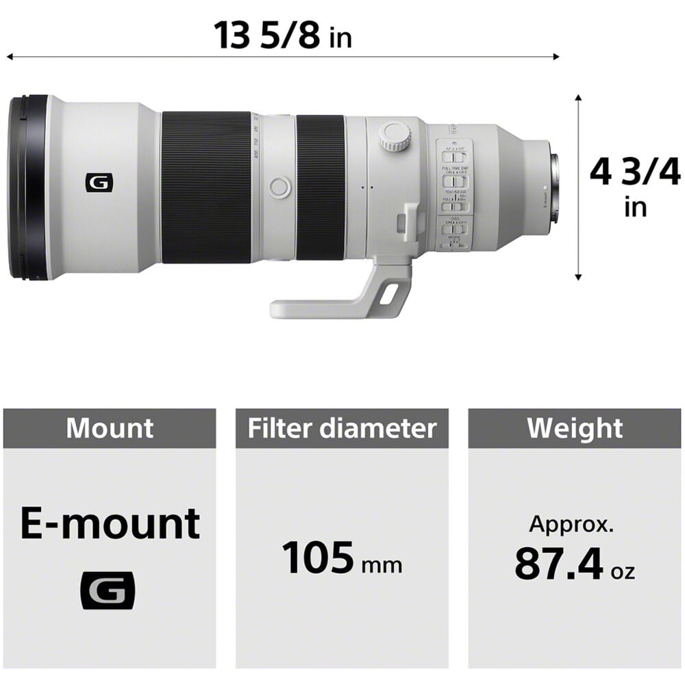 Sony FE 400-800mm f/6.3-8 G OSS Lens – super-telephoto zoom with built-in Optical SteadyShot, ideal for wildlife, sports, and distant subjects.