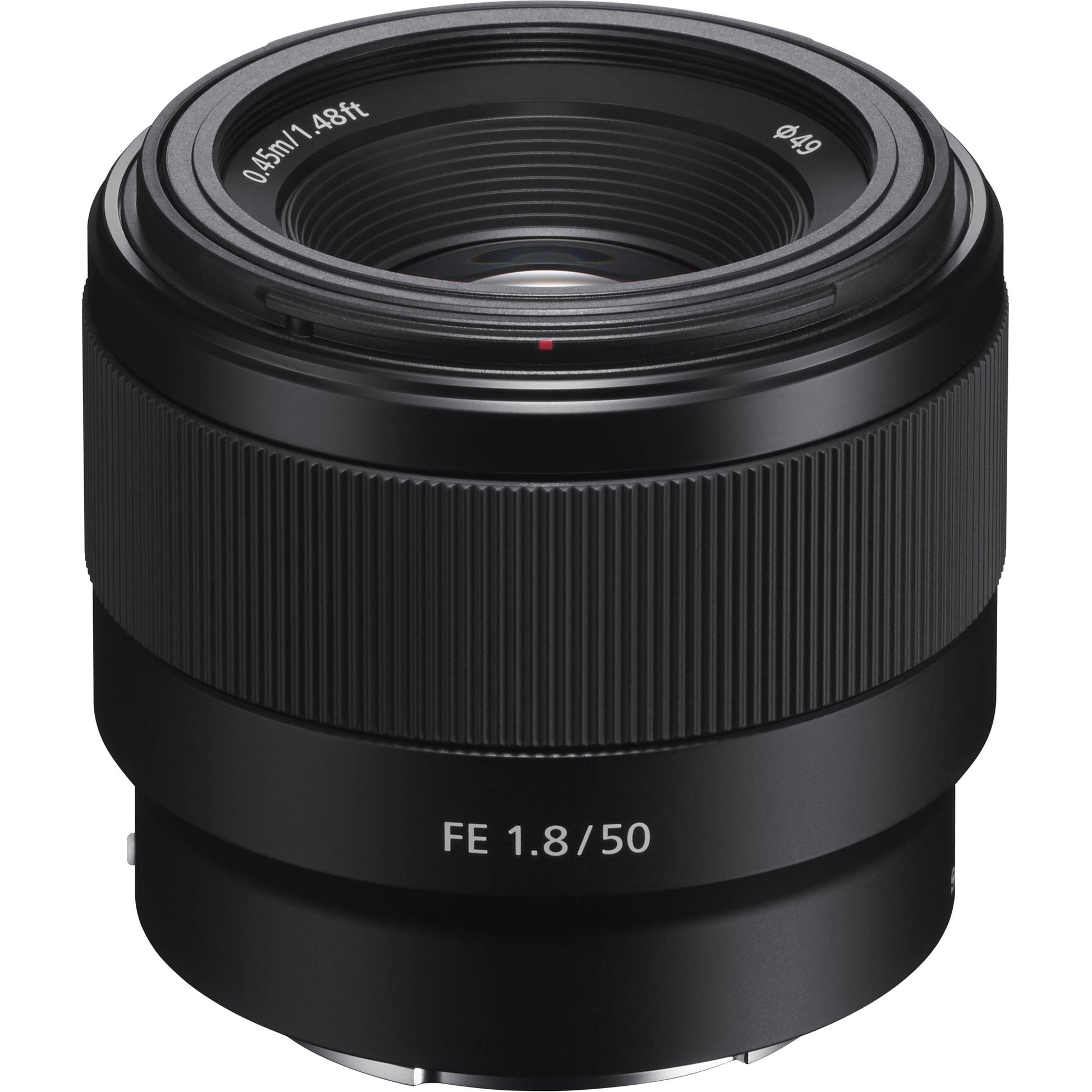 Black camera lens with specifications on a white background