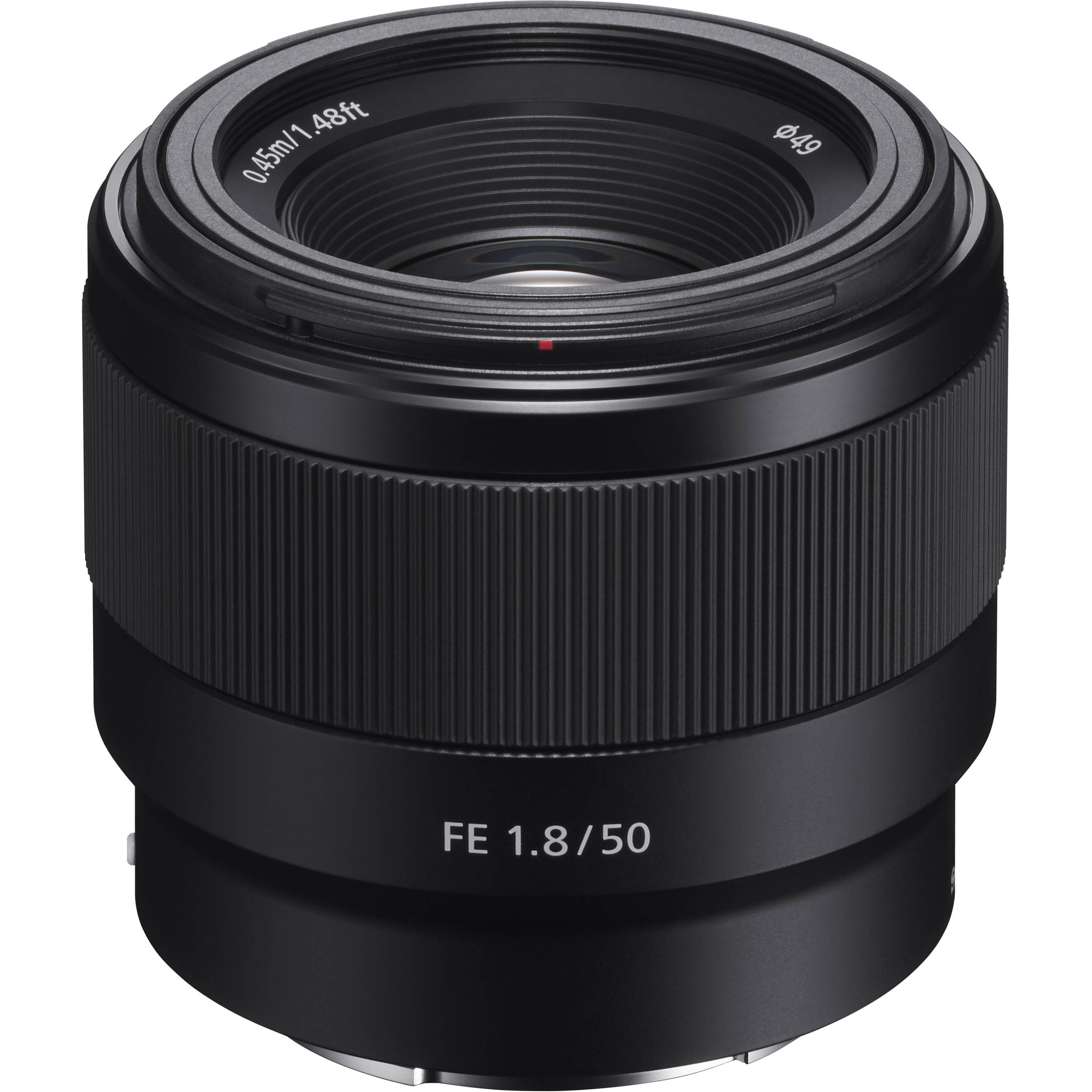 Black camera lens with specifications on a white background