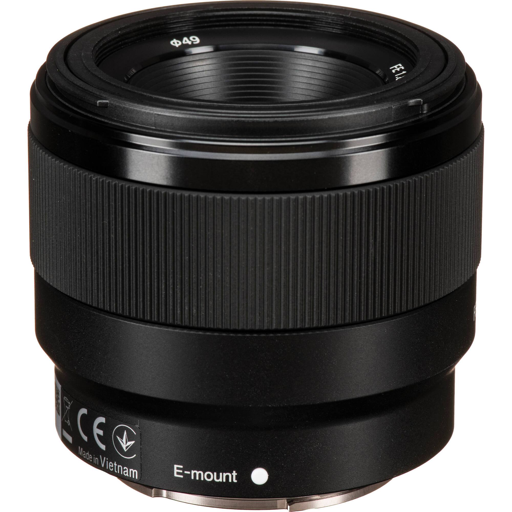 Black camera lens with E-mount marking on a white background