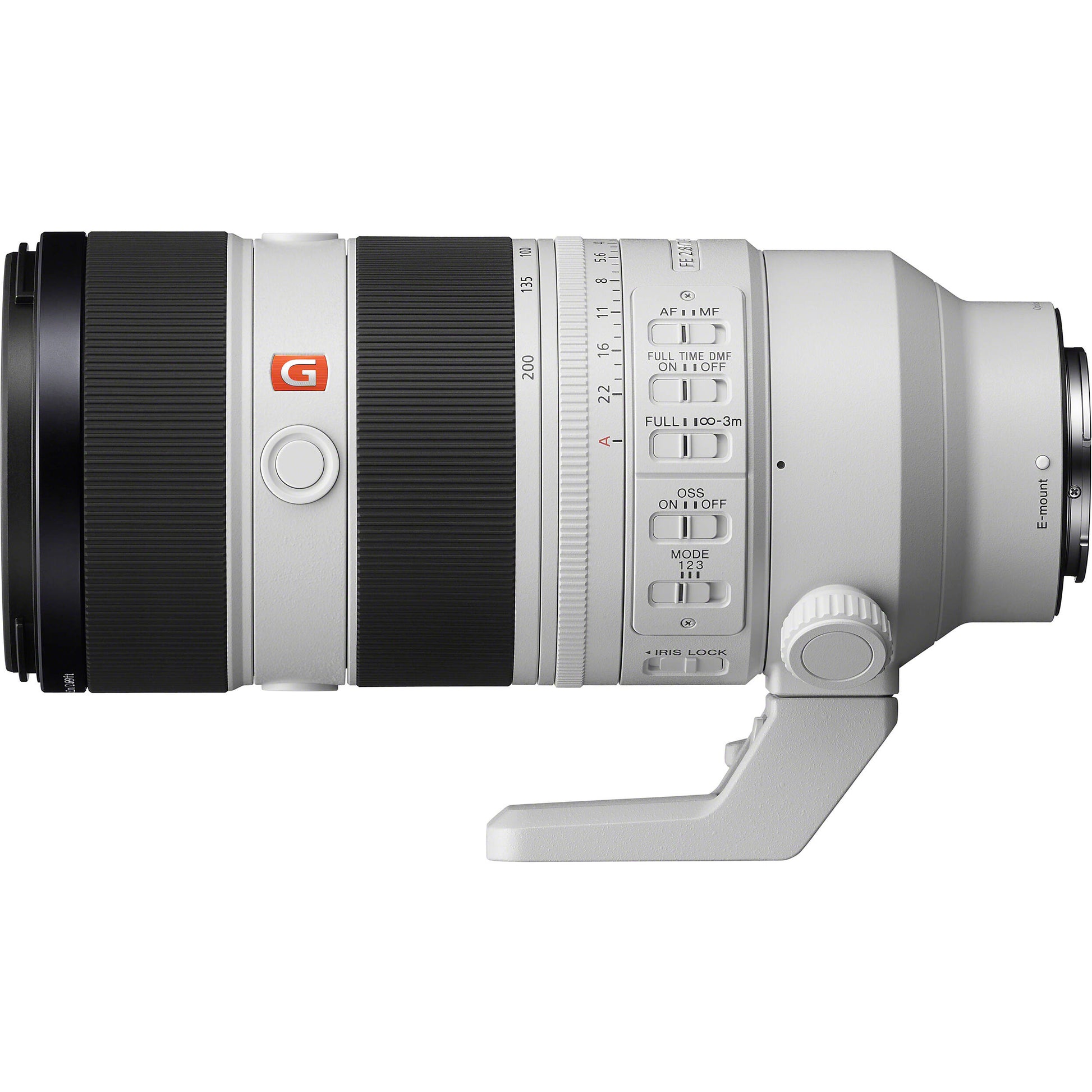 Camera lens with Sony GM logo on a white background