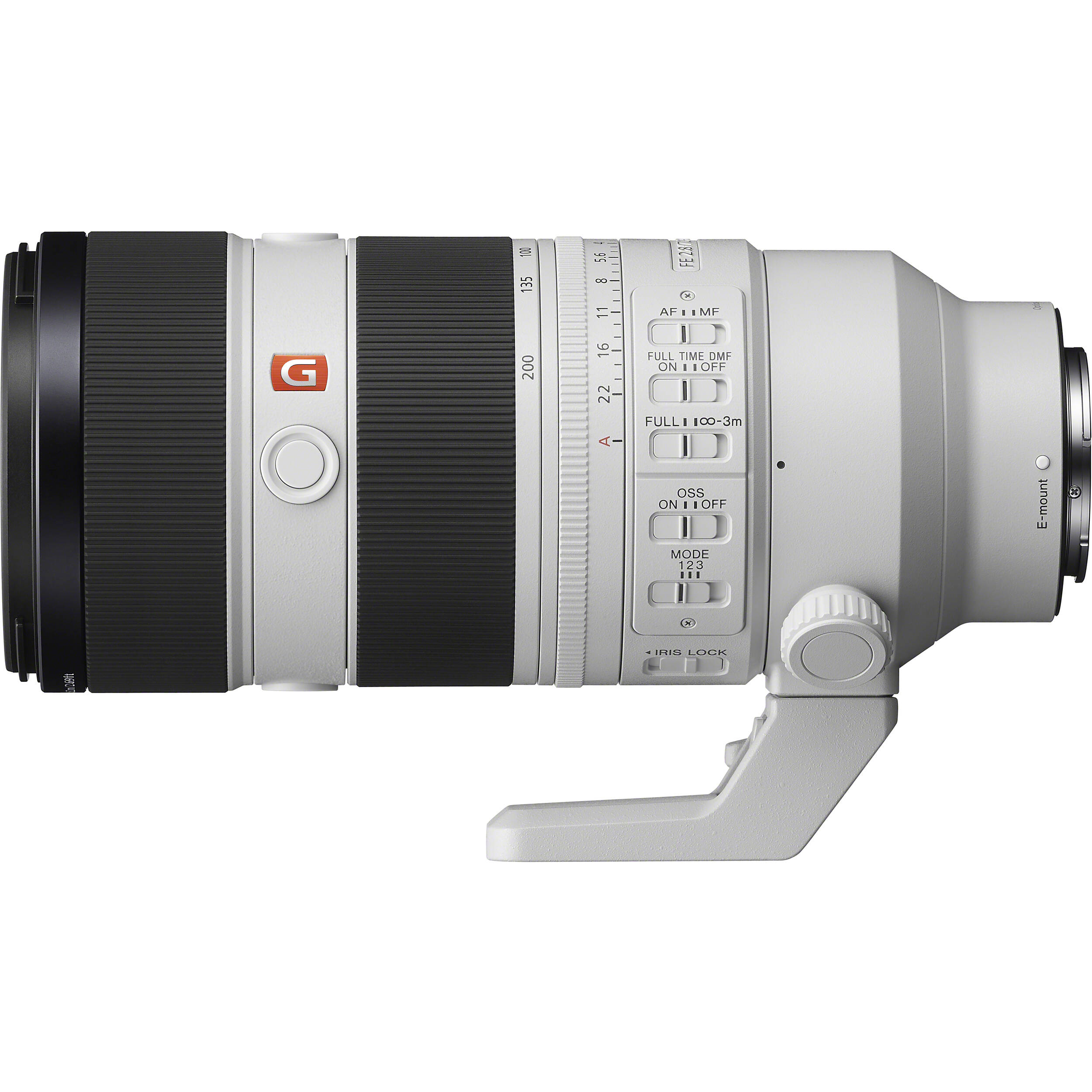 Camera lens with Sony GM logo on a white background