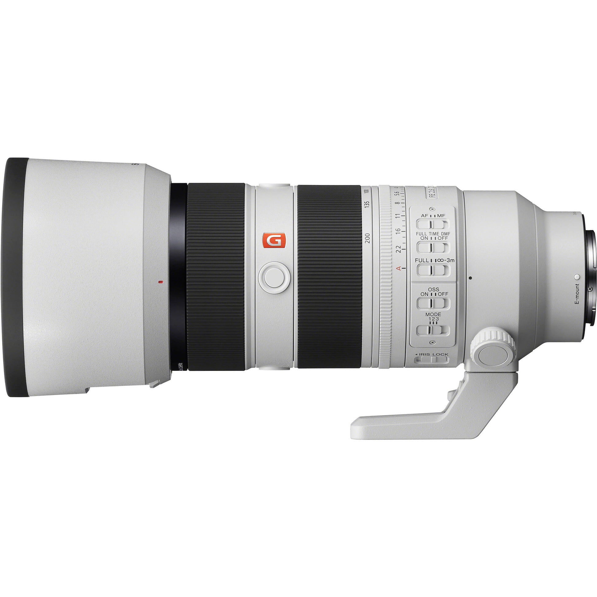 Camera lens with Sony GM logo and hood on a white background