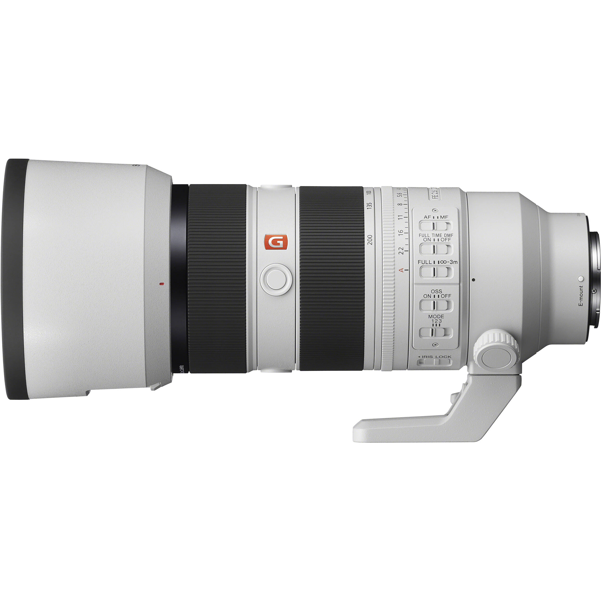 Camera lens with Sony GM logo and hood on a white background