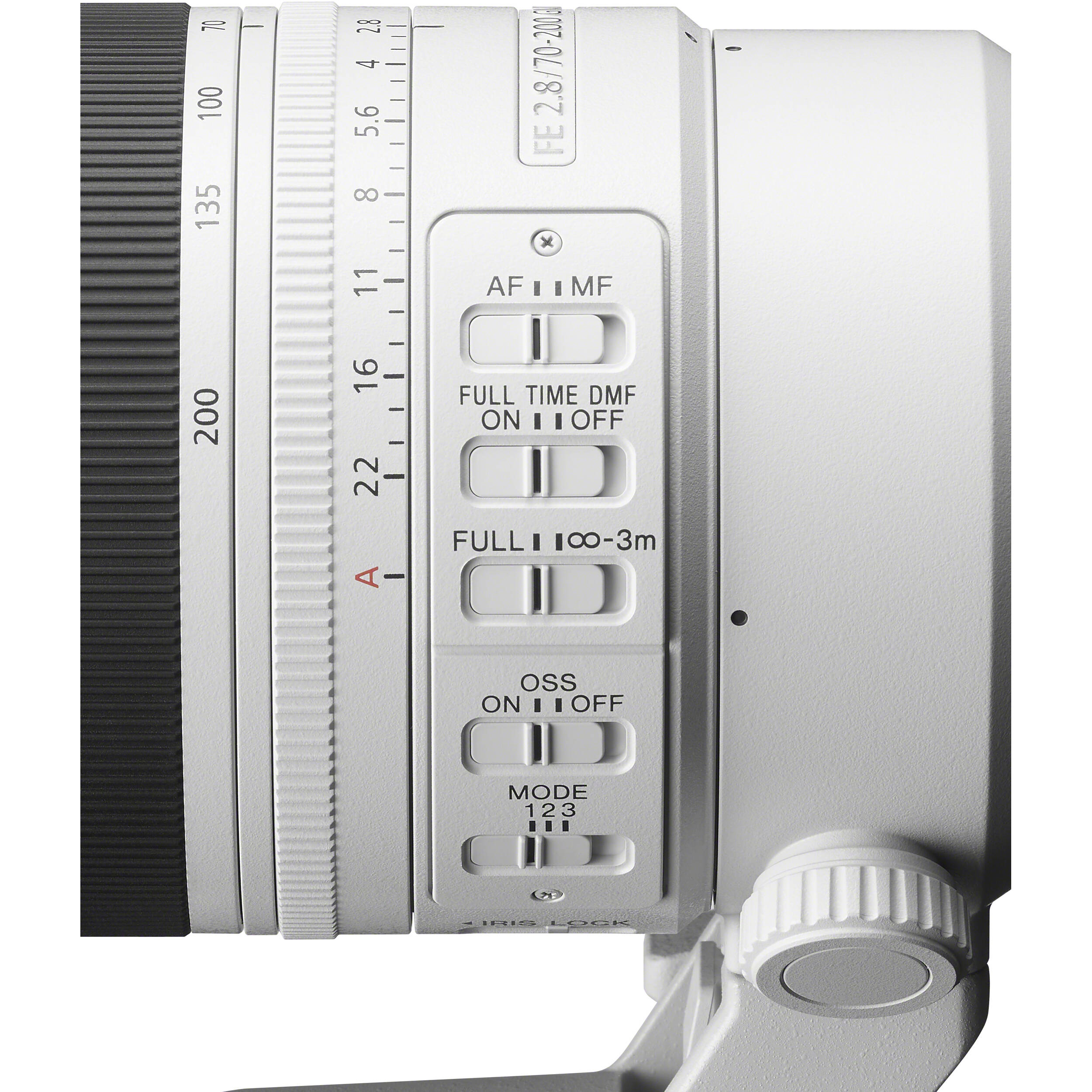 Close-up of a camera lens with control dials on a white background