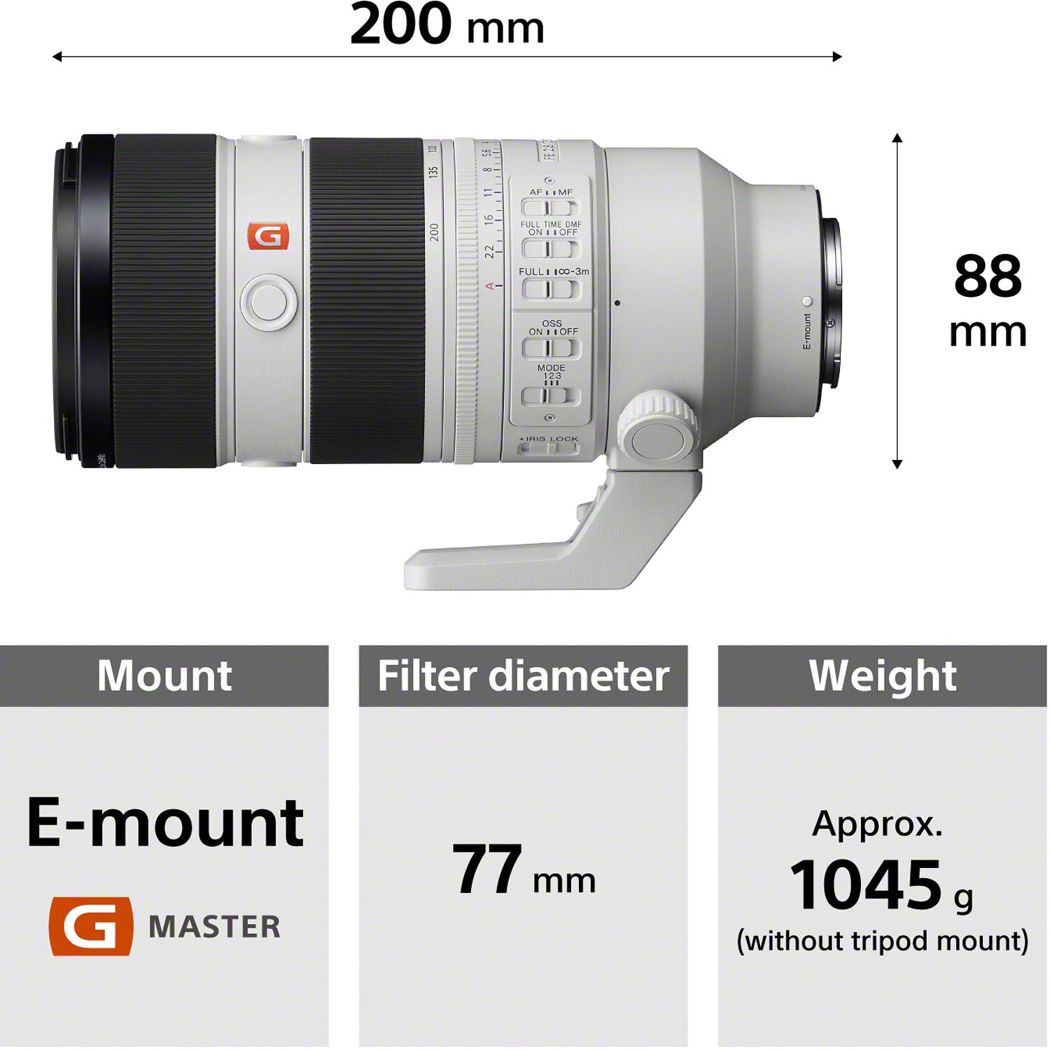 Camera lens with dimensions and specifications on a white background