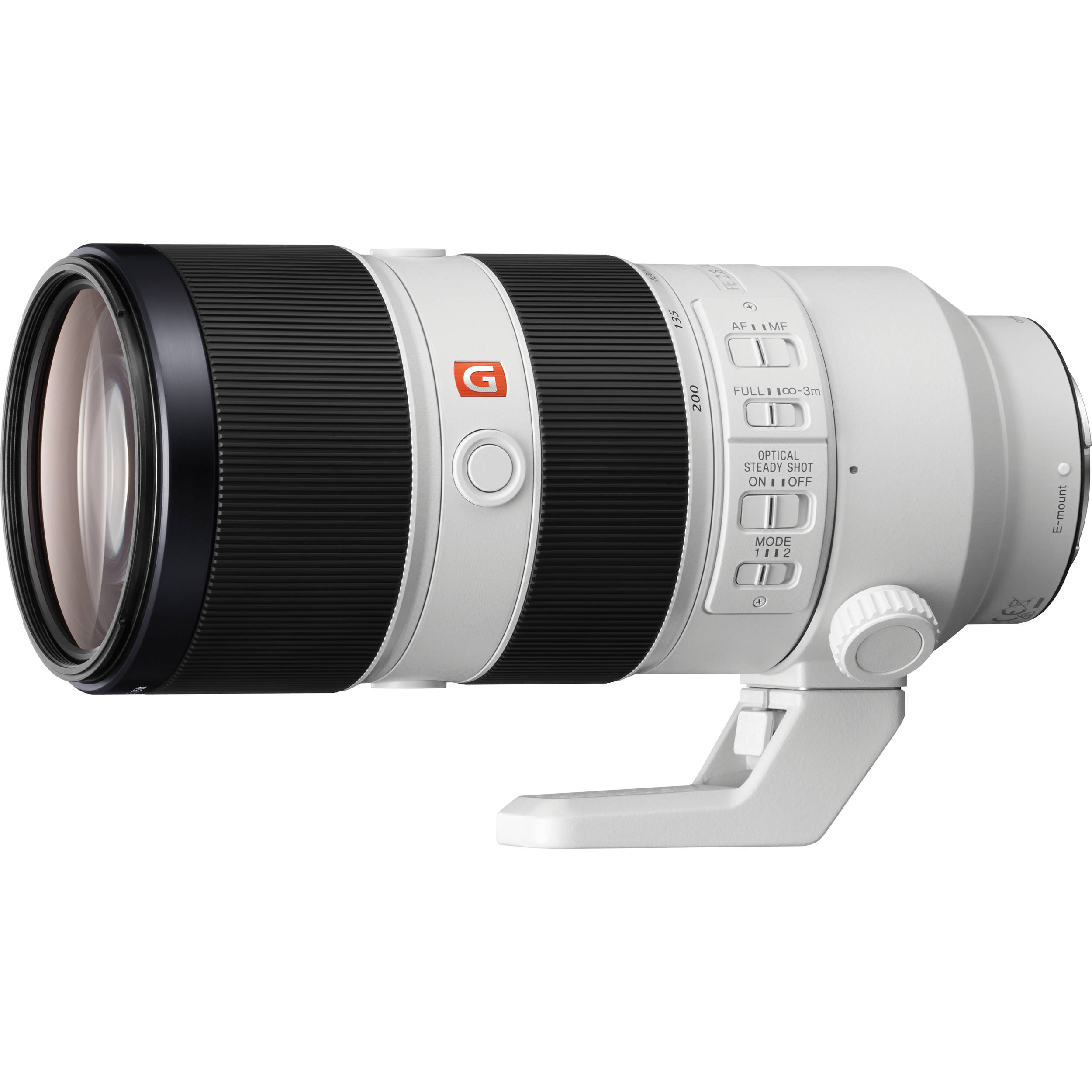 Camera lens with brand logo on a white background