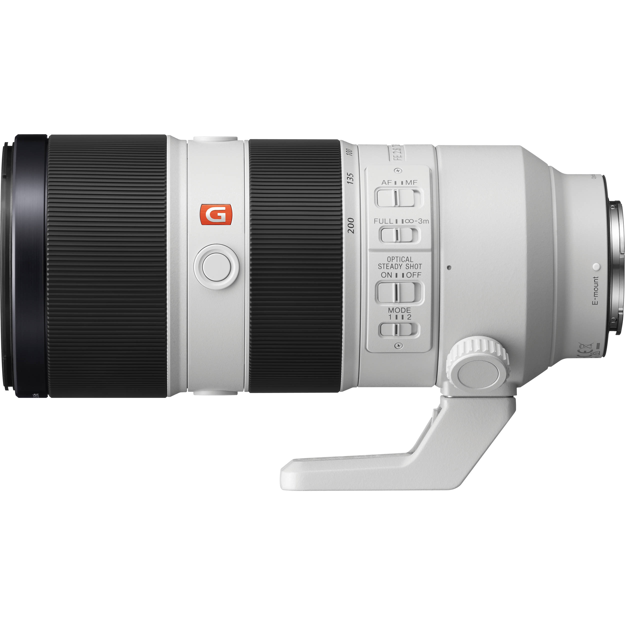 Camera lens with brand logo on a white background