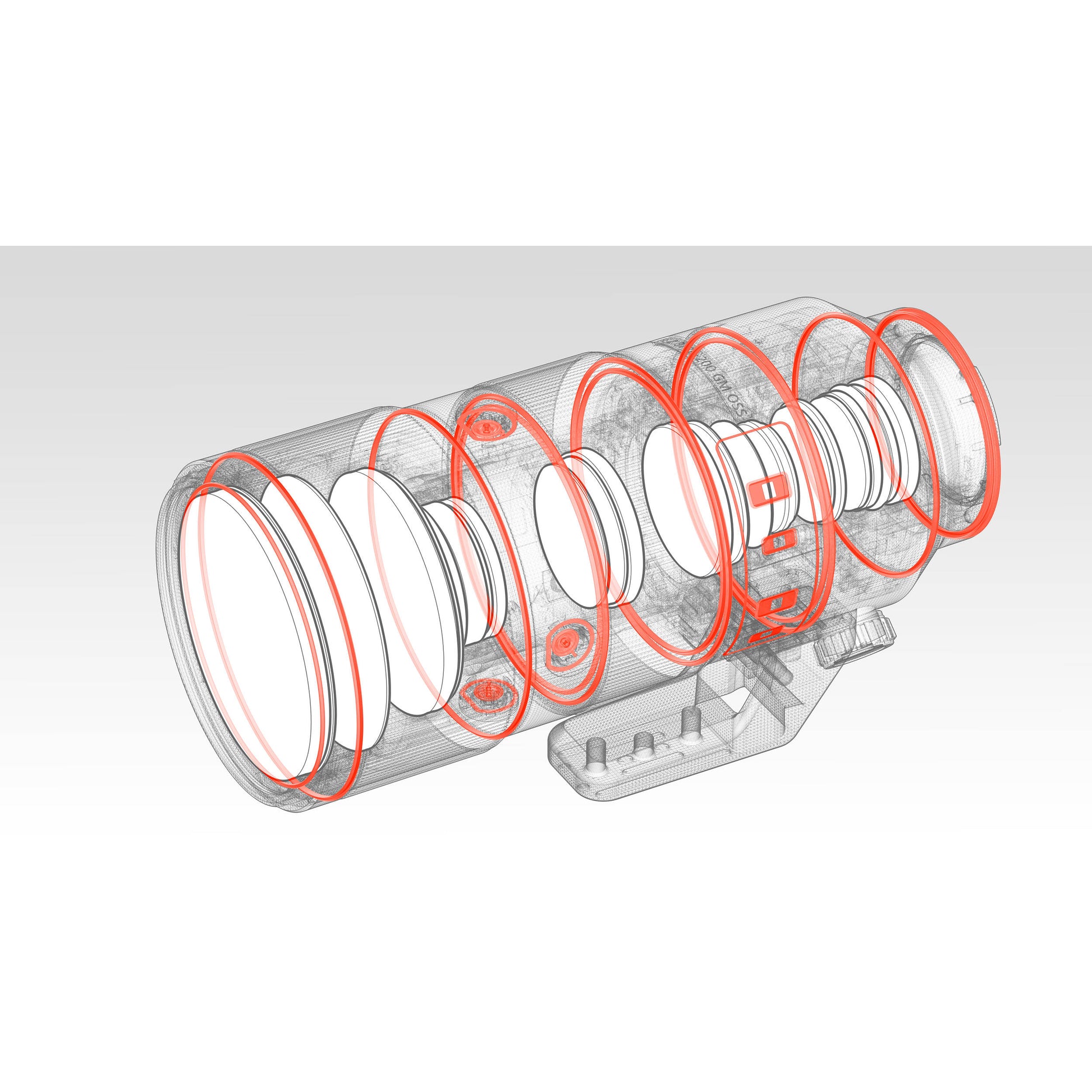 Illustration of a cylindrical object with white circular components and red outlines on a gray background