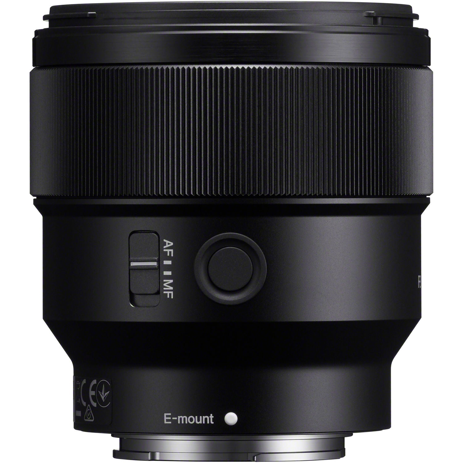 Black camera lens with E-mount marking on a white background