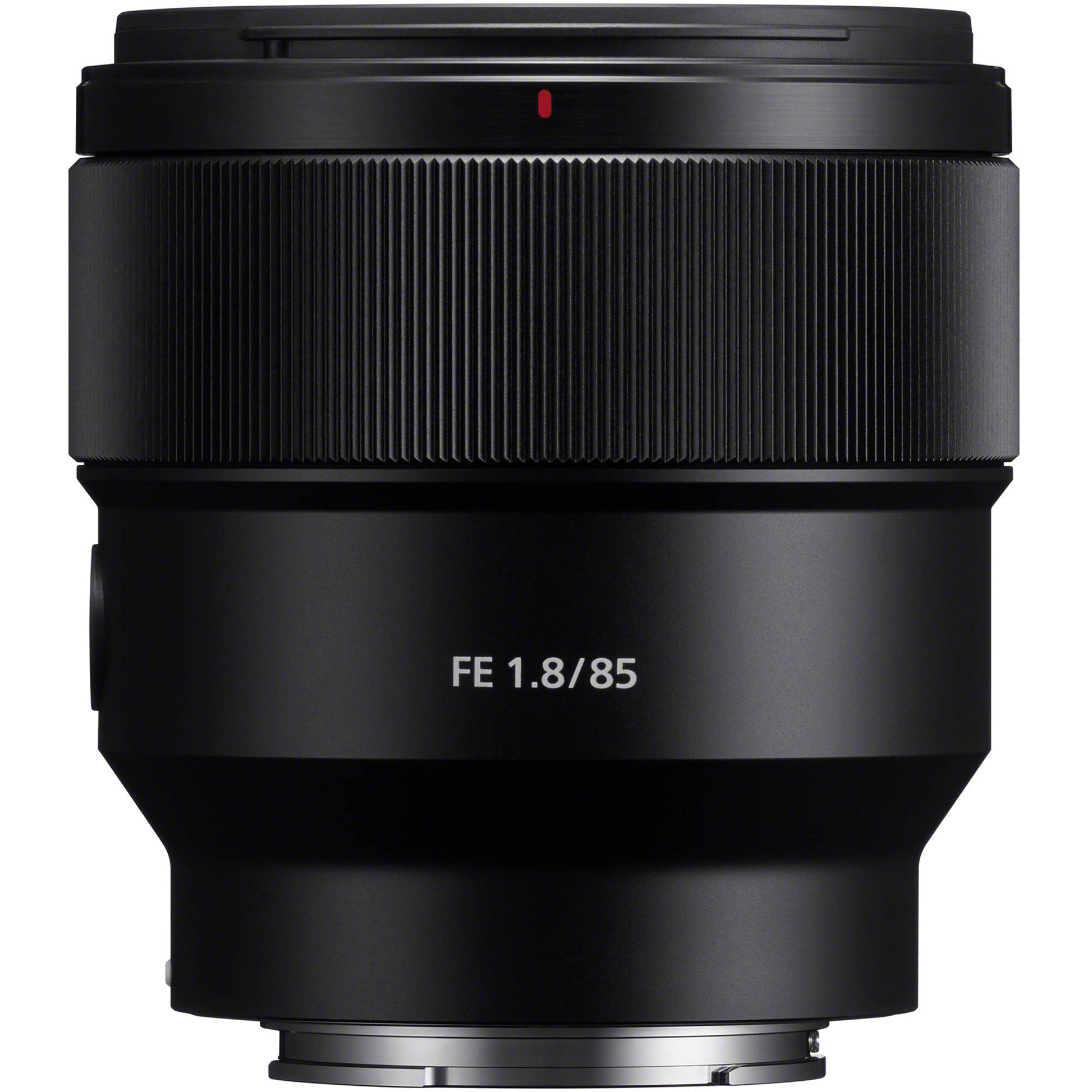 Black camera lens with 'FE 1.8/85' text on a white background