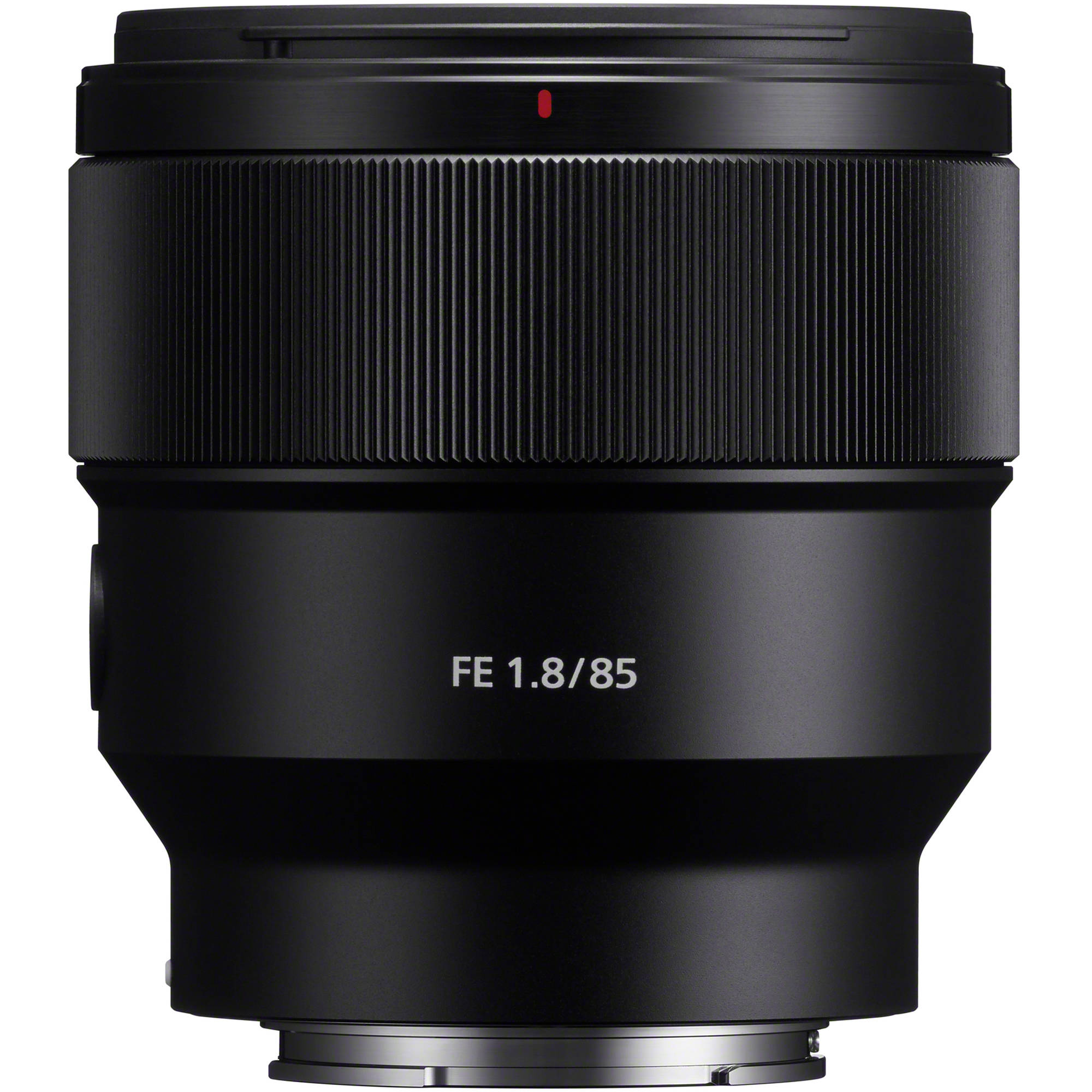 Black camera lens with 'FE 1.8/85' text on a white background