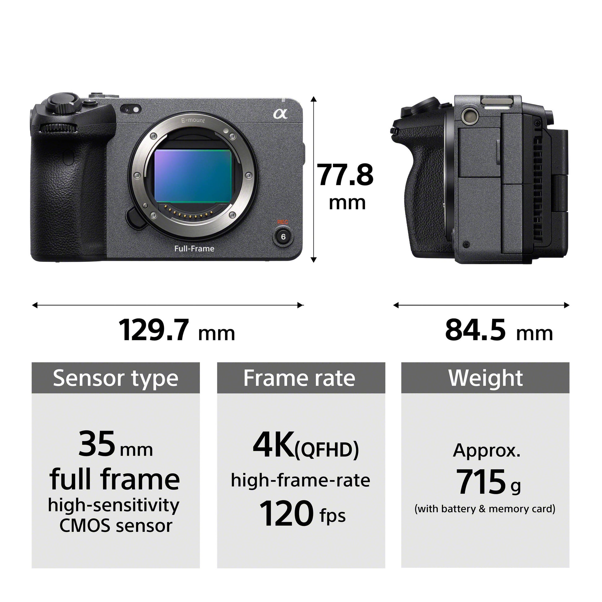 Camera specifications including size, sensor type, frame rate, and weight on a white background