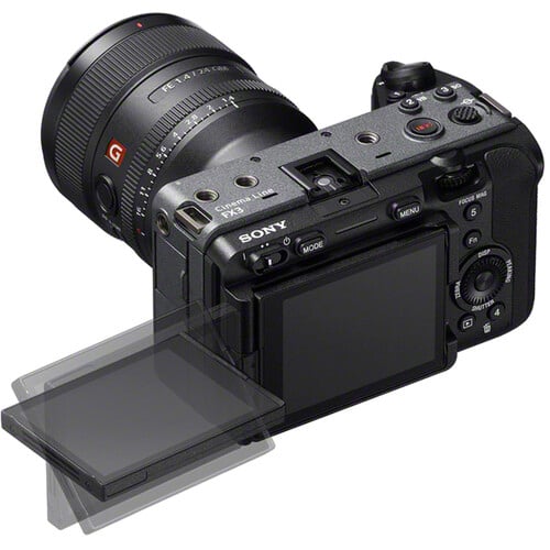 Sony camera with lens and screen open on a white background