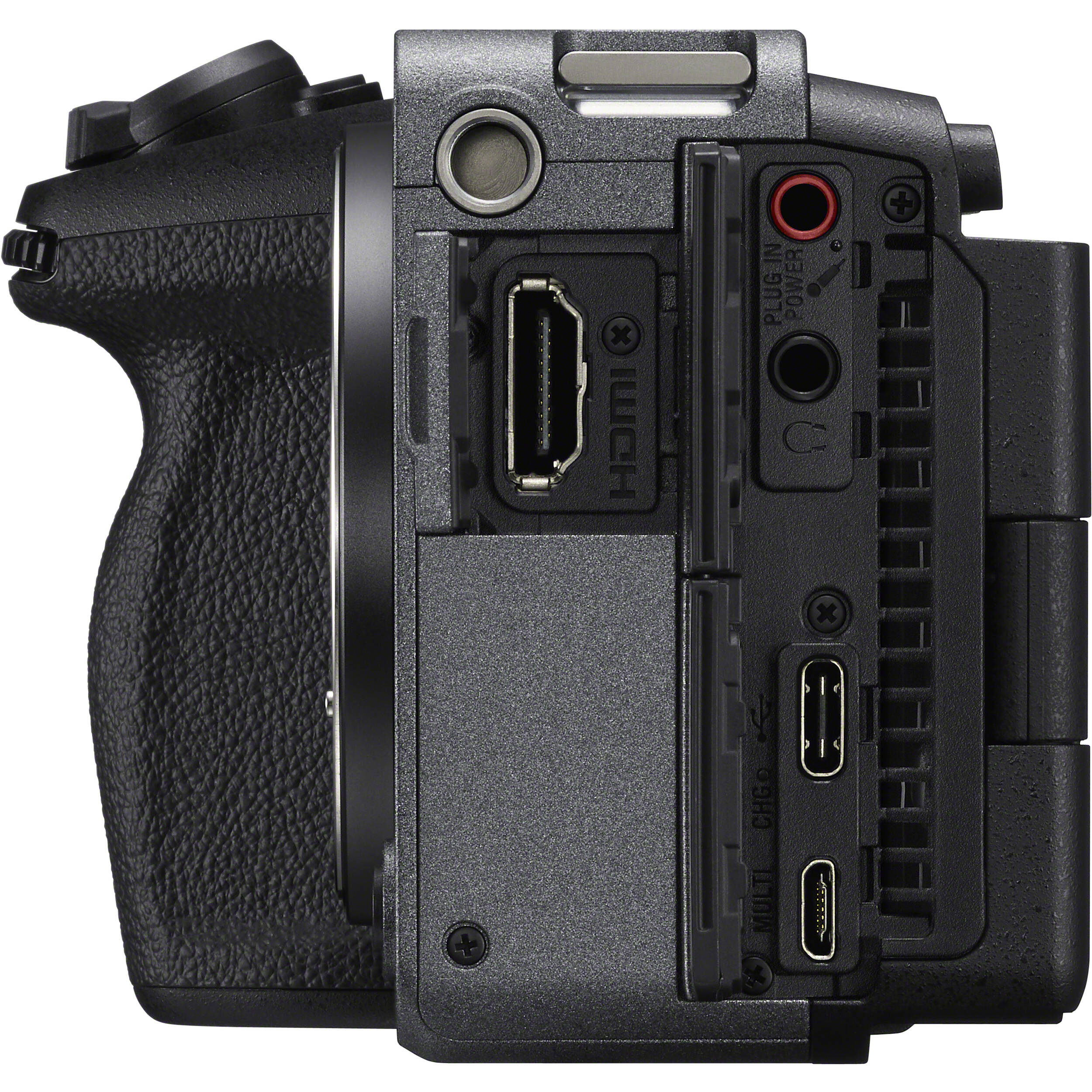 Camera body with ports and controls on a white background