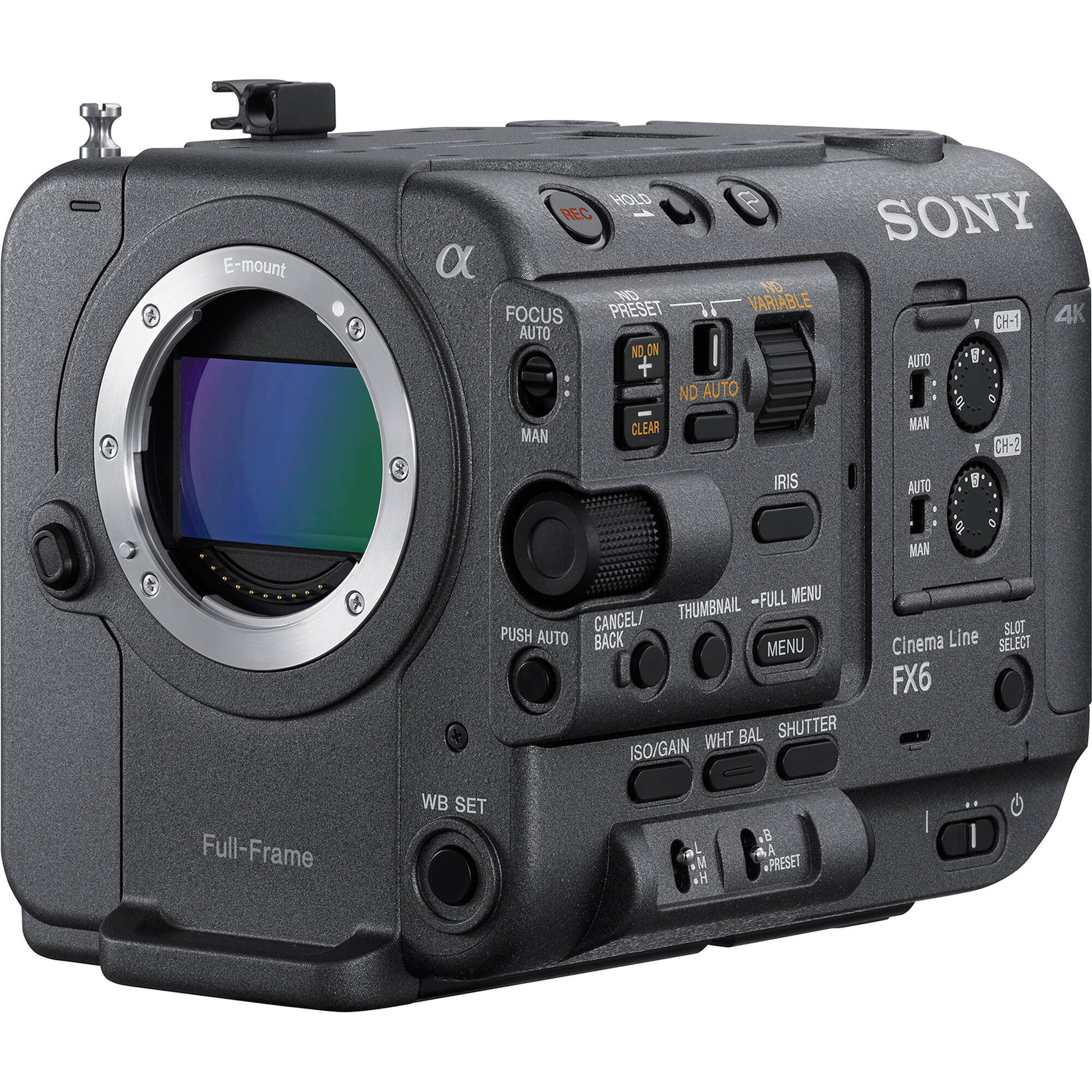 Sony FX6 full-frame cinema camera, 10.2MP sensor, 4K 120fps, 16-bit RAW output, modular design for professional filmmaking.