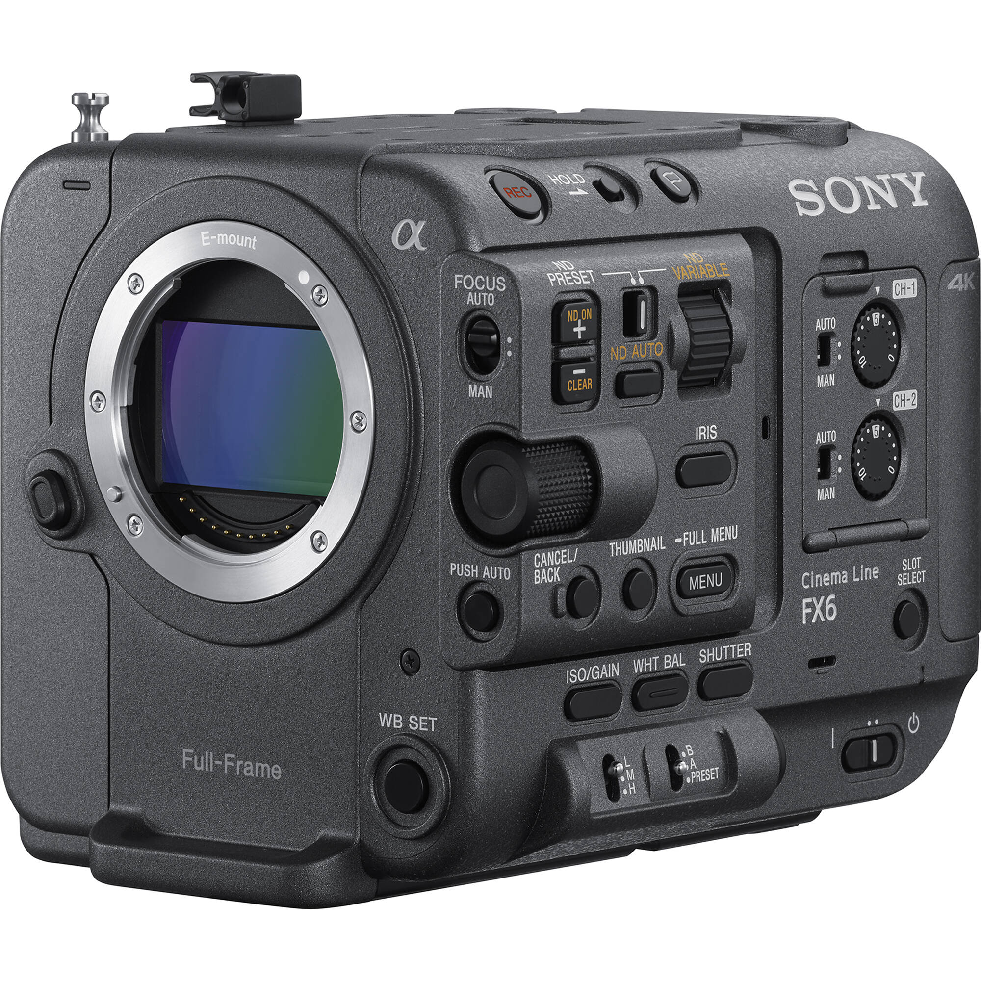 Sony FX6 full-frame cinema camera, 10.2MP sensor, 4K 120fps, 16-bit RAW output, modular design for professional filmmaking.