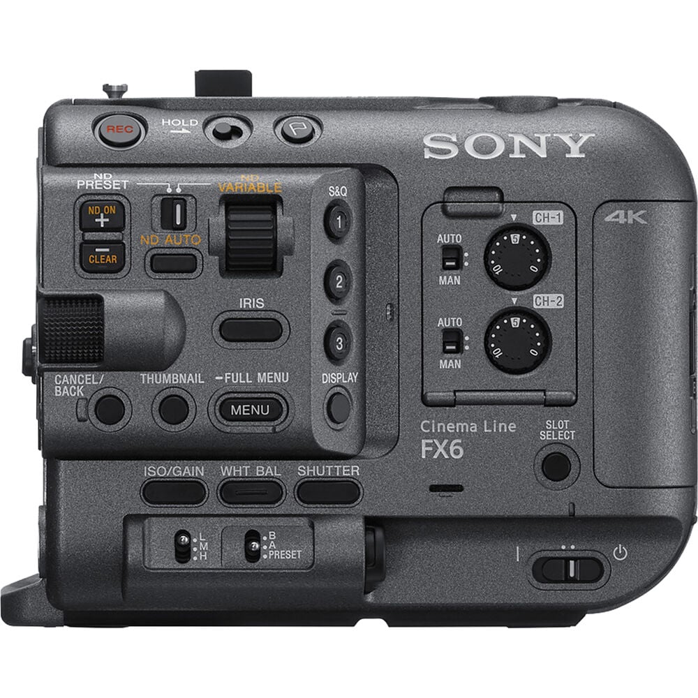 Sony FX6 full-frame cinema camera, 10.2MP sensor, 4K 120fps, 16-bit RAW output, modular design for professional filmmaking.