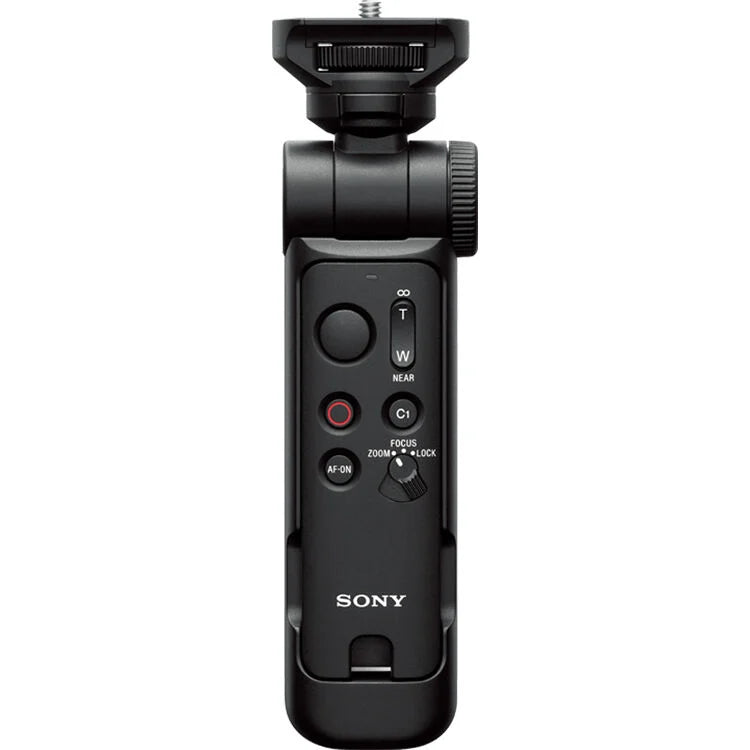 Sony GP-VPT3 multi-function shooting grip with detachable Bluetooth remote commander, converts to mini tripod, supports cameras up to 1.5 kg, 10m wireless remote control range, ergonomic design, tilt and swivel head for selfie or outward shots, dust and moisture resistant.