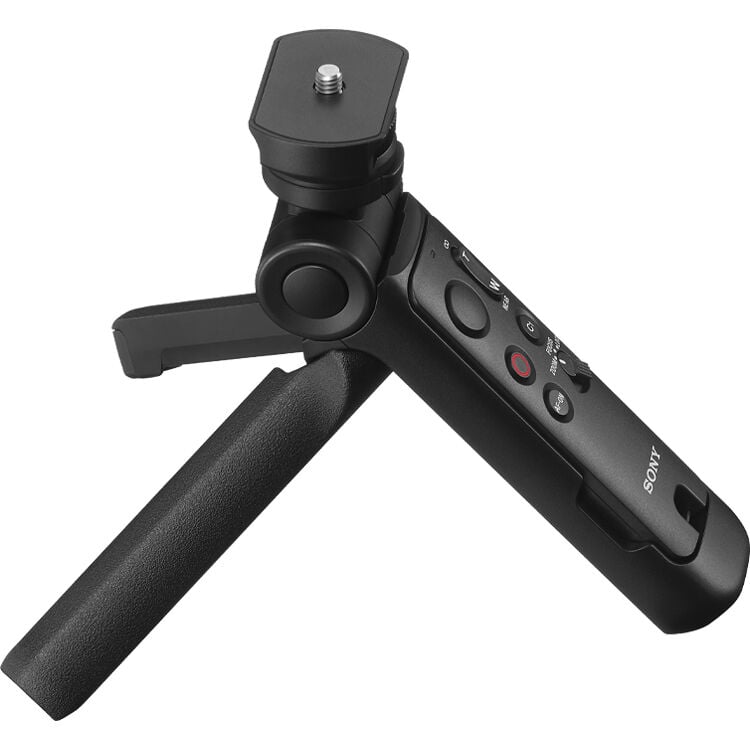 Sony GP-VPT3 multi-function shooting grip with detachable Bluetooth remote commander, converts to mini tripod, supports cameras up to 1.5 kg, 10m wireless remote control range, ergonomic design, tilt and swivel head for selfie or outward shots, dust and moisture resistant.