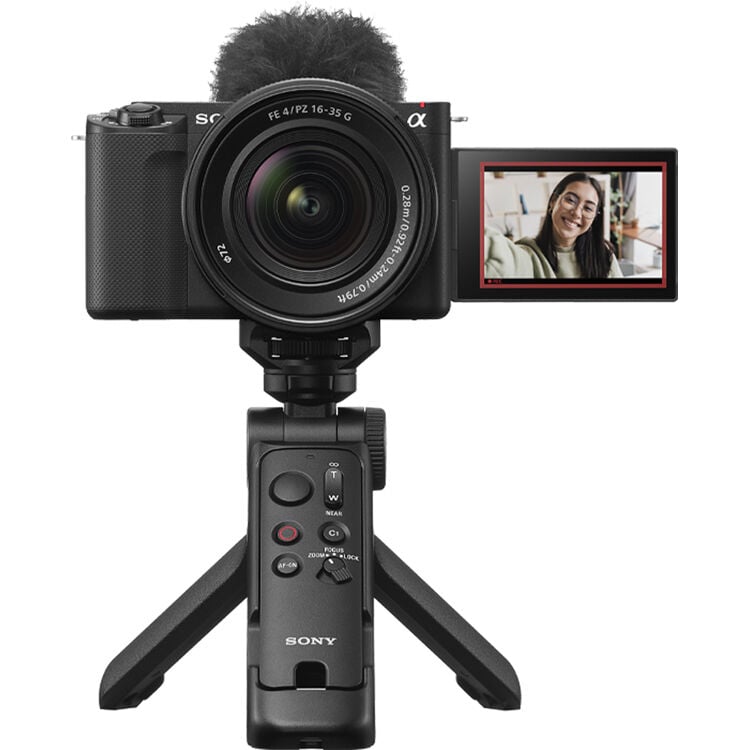 Sony GP-VPT3 multi-function shooting grip with detachable Bluetooth remote commander, converts to mini tripod, supports cameras up to 1.5 kg, 10m wireless remote control range, ergonomic design, tilt and swivel head for selfie or outward shots, dust and moisture resistant.